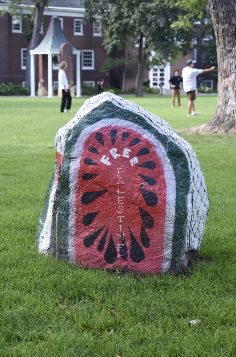 Rock on the Great Lawn painted with pro-Palestinian message. 